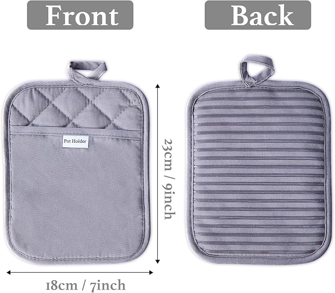 Kitchen Everyday Basic Pot Holder Heat Resistant Coaster Soft Silicone Water Resistant Pot Holder Set Oven Mitts with Pocket, 2 Piece Set, 7"x9" Grey