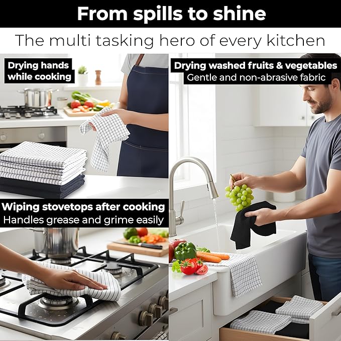 Highly Absorbent Cotton Kitchen Towels for Drying Dishes - Set of 6 Dish Towels - Narrow Black Stripes Plaid Waffle Dishtowels - 18"X28" Large Lint Free Linen Tea Hand Bulk T Towls