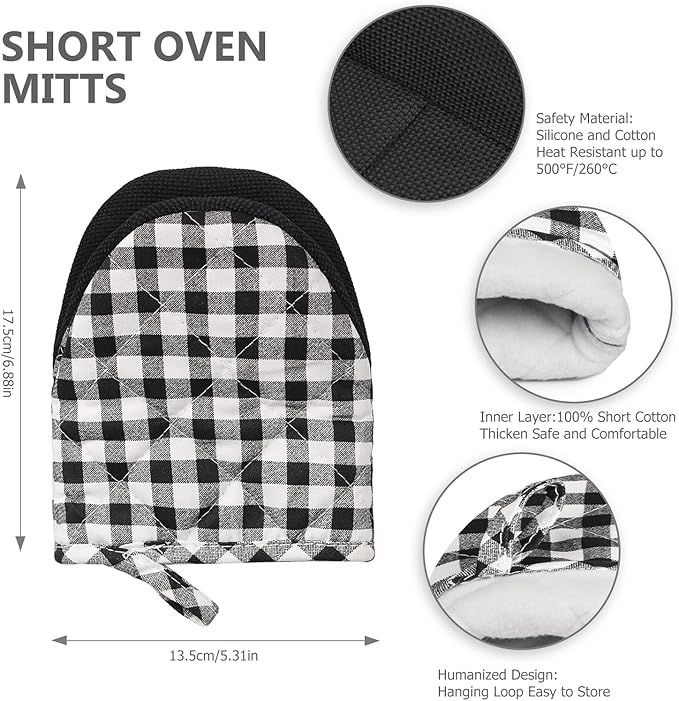Short Oven Mitts, Heat Resistant 500°F, Silicone Grip Kitchen Gloves, Non-Slip for Baking, Grilling, BBQ, Machine Washable with Hanging Loop, 2-Pack Set, Black and White Plaid