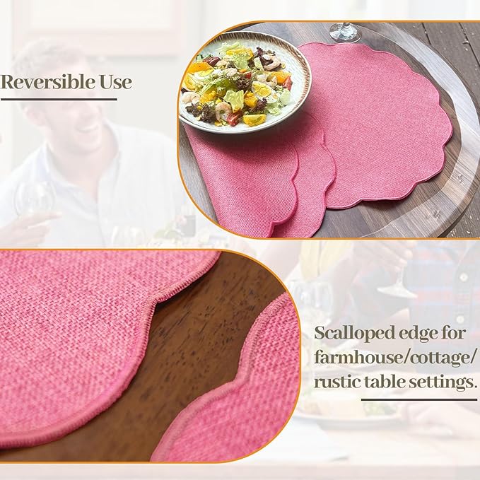 AHHFSMEI Round Faux Linen Placemats Set of 6 Heat Resistant Non-Slip Stain Proof Table Mats for Kitchen Dining Elegant Decor Place Mats (6, Pink)