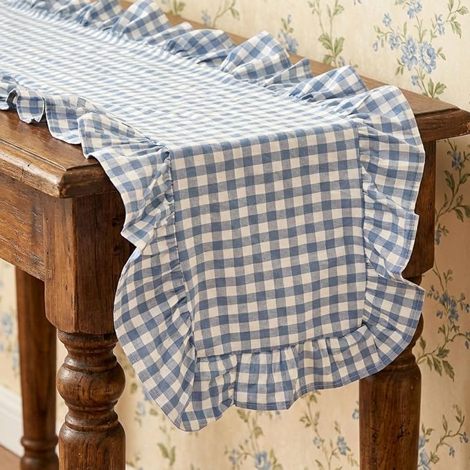 HunnmingRe 1 Pcs Blue Plaid Gingham Ruffle Table Runner 118 x 13.8'' Farmhouse Easter Table Runner 100% Cotton Scalloped Long Dresser Scarves for Dining Room, Wedding, Kitchen Rustic Home Decor