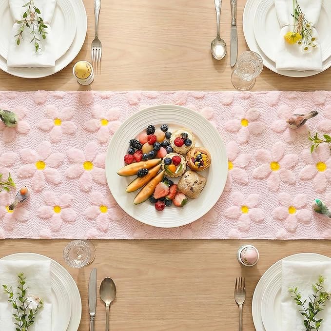 Artoid Mode Pink Soft Plush Faux Fur Jacquard Embroidery Daisy Spring Table Runner, Kitchen Dining Table Decoration for Home Party Decor 13x90 Inch