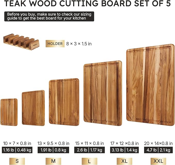 5 Pack Teak Wood Cutting Board Set for Kitchen with Holder Charcuterie Board Serving Heavy Duty Non Toxic Slip Hardwood Over Sink Solid Thick Wooden Chopping Board Large Big Small Best Essential Gift