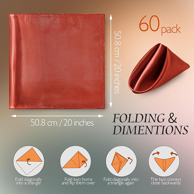 Manyshofu 60 Pieces Rust Satin Napkins - 20x20 Inches Cloth Napkins, Square Satin Fabric Napkins Set - Soft & Reusable Table Napkins for Wedding Dinner Party Lunch