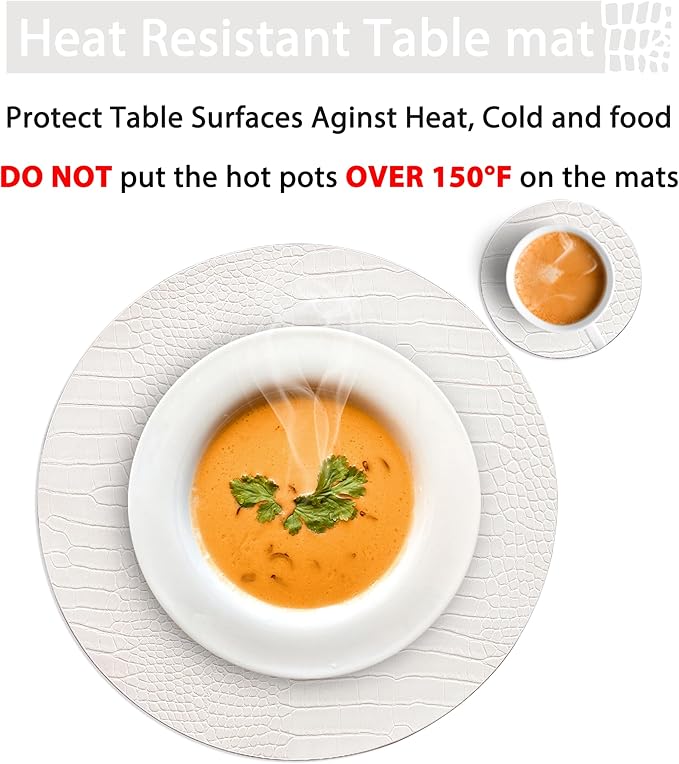 Jovono Round Leather Placemats for Round Tables Set of 6, White Place Mats and Coasters, Wipeable Waterproof Heat Resistant Table Mats Easy to Care for Indoor Decor 14 inch Diameter