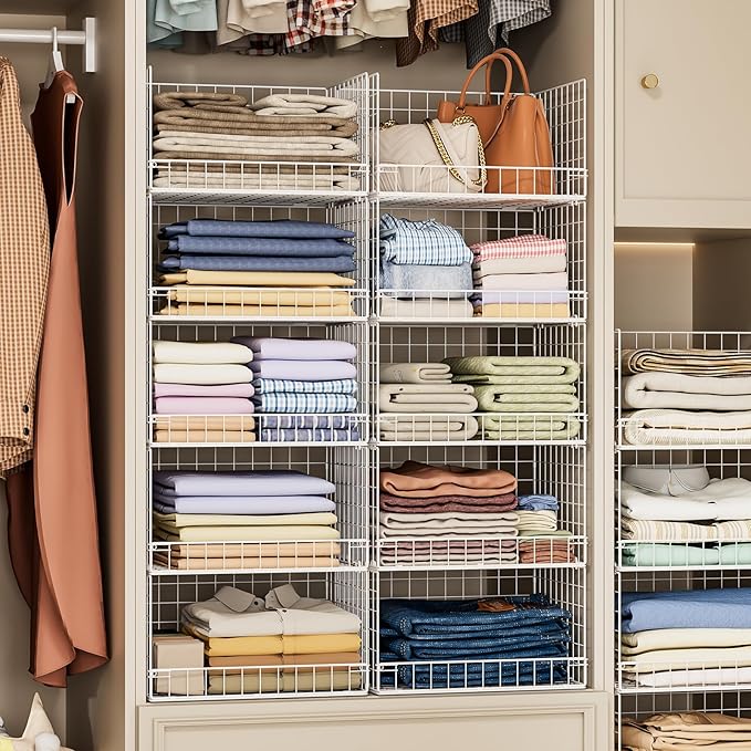 Yociyoga 5-Tier Stackable Closet Organizers and Storage Basket - Foldable Closet Shelf Organizer System, Space-Saving Clothes Storage Bins Drawer Organizer for Wardrobe, White (Patent Pending)