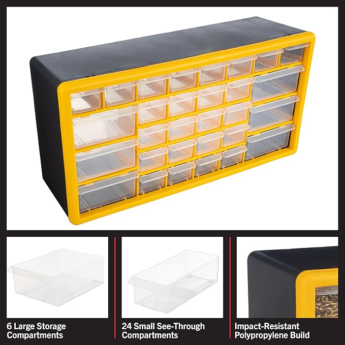 30-Drawer Plastic Small Parts Organizer - Desktop or Wall Storage Drawers for Organizing Hardware, Crafts, Garage, or Classroom by Stalwart (Yellow)