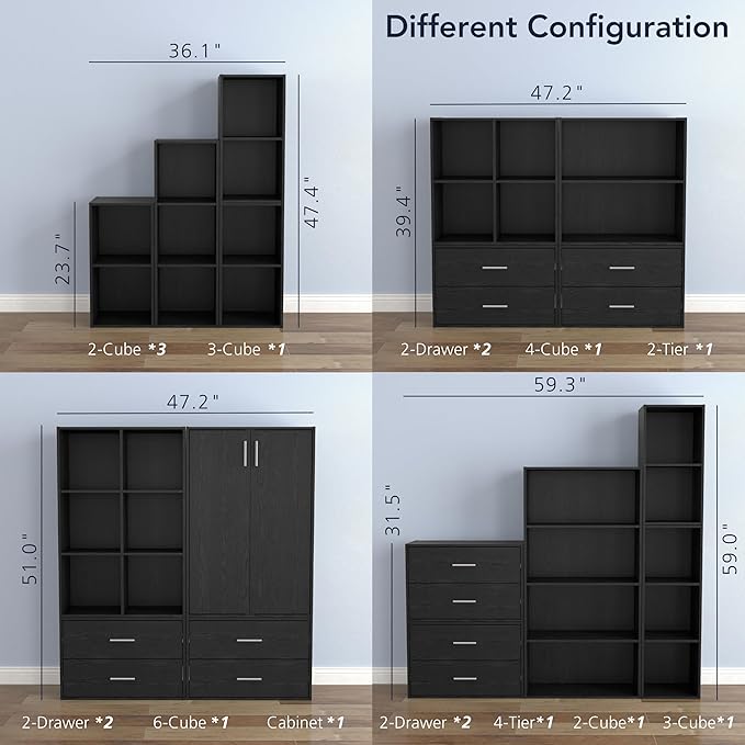 Homes: Inside + Out Apexa 3-Tier Stackable Wood Bookcase with Doors, Cube Storage Organizer Shelves, Small Food Pantry Cabinet, Dorm Teen Room Decor & Bedroom, Home Office, Kitchen, Black