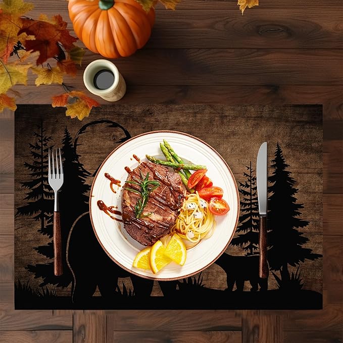 Bear Lodge Placemats Set of 6,Washable Heat Resistant 12×18 Inch Table Mats Farmhouse Place Mats for Outdoor & Camping Lodge Cabin Decor