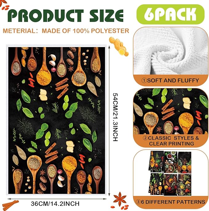 Breling Set of 6 Colorful Spices Kitchen Towels Microfiber Dish Towel Decorative Hand Towels Absorbent Tea Towel for Kitchen Bathroom Baking Coffee Bar Rustic Home Decor and Gifts, 14x21 Inches