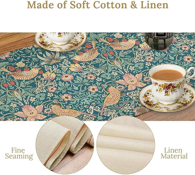 William Morris Floral Table Runner Strawberry Thief Vintage Flower Art Printed Dinner Runner for Home Kitchen Dining Table Living Room Decor Fabric 1 Panel W13xL108in