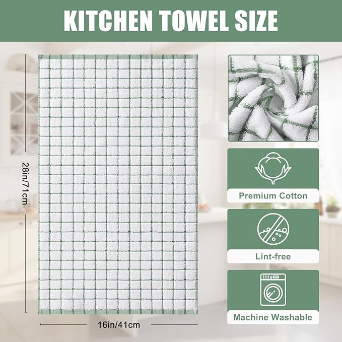 Homaxy Premium Kitchen Towels(16”x 28”, 8 Pack), Large Ring Spun Cotton Dish Towels, Super Absorbent Soft Terry Kitchen Hand Towels, Check Design Tea Towel Set with Hanging Loop, Grass Green