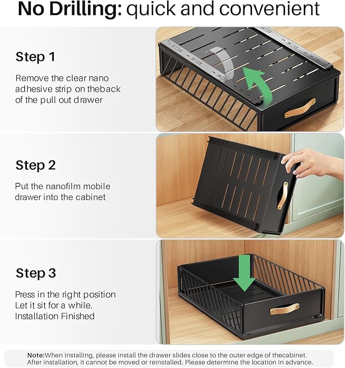 Pull out Cabinet Organizer,Heavy Duty Slide out Pantry Shelves Drawer Storage with Adhesive Nano Film,Sliding Mesh Cabinet Basket with Handle for Kitchen, Bathroom, Home, 13.8"W X 21"D X6.2"H,Black