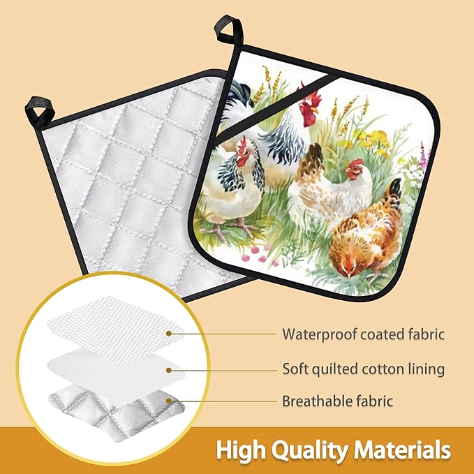 Chicken Rooster Farm Pot Holder Set of 2,Heat Resistant Potholders Oven Hot Pads for Kitchen Cooking Baking BBQ