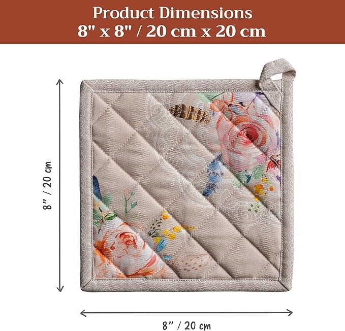 Maison d' Hermine Pot Holders 100% Cotton Heat Resistant Potholders 8" x 8" Hot Pads with Loop BBQ Cooking Baking Gifts for Mothers Day Handling Hot Pans Spring/Summer (Pack of 2, Ibiza - Beige)