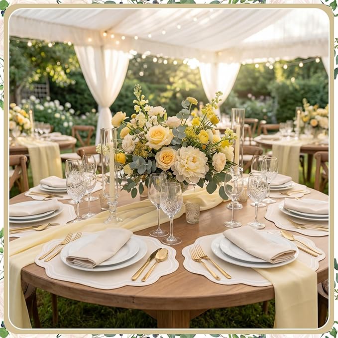 Breling 6 Pcs Wedding Placemats Scalloped Embroidered Cotton Linen Placemats 17" x 13" Double Layered Machine Washable Table Place Mat for Party Table Decor (Creamy Ivory)