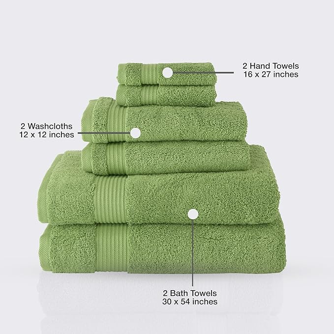 Classic Turkish Towels CTT - Luxury 6 Piece Towel Set, 100% Turkish Cotton, Quick Drying, Highly Absorbent & Comfy, Includes 2 Bath Towels, 2 Hand Towels & 2 Washcloths | (Green)