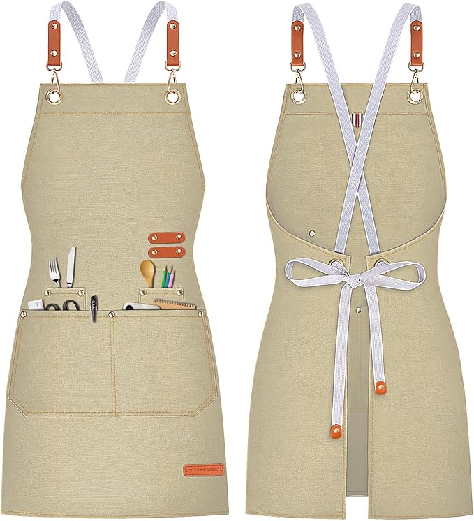 Teskyer Kitchen Cooking Apron with Pockets, Water Oil Resistant, Canvas Cross Back Aprons for Men Women Chef Server