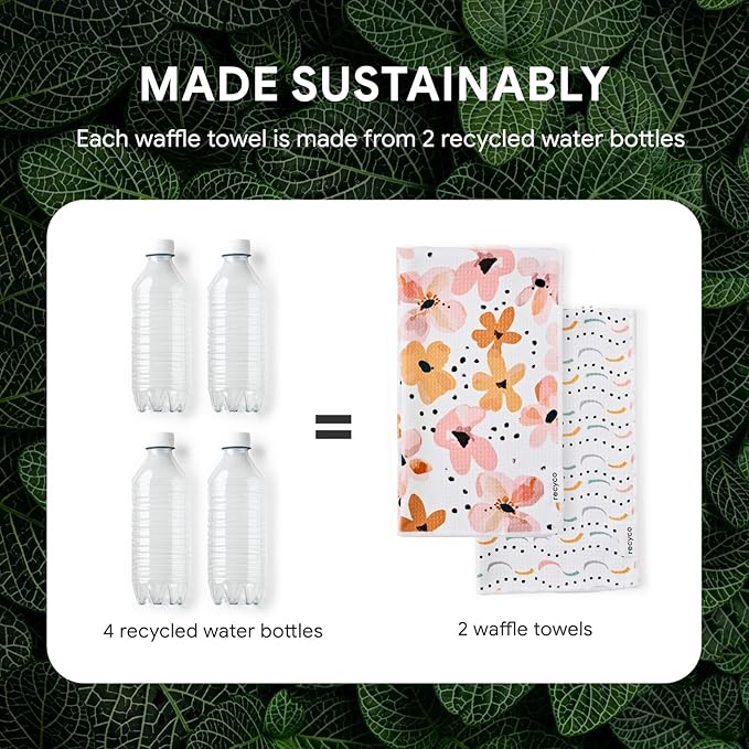 RECYCO Waffle Kitchen Towel Set of 2 - Quick Dry Microfiber Sustainable Dish Towels - Ultra Absorbent Reusable Cleaning Tea Towels - Lightweight Hand Towels,16”x 28”, Blossom Breeze