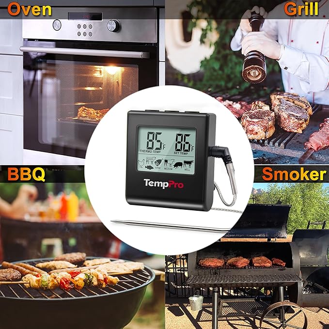 TempPro TP16 Large LCD Digital Meat Thermometer for Cooking, Smoking, Grilling, BBQ Food Temperature Indicator with Clock Timer and Stainless Steel Probe, Black(Previously ThermoPro)