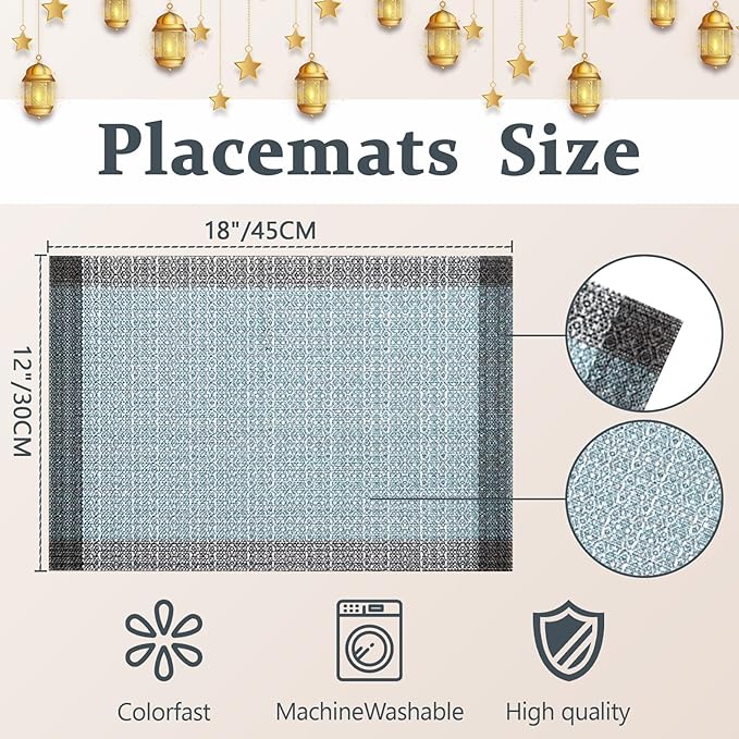 Bloss Blue Grey Ethnic Boho Placemats Set of 4-12x18Inch Table Mats Washable Heat-Resistant Place Mats for Dining Table, Easy to Clean Boho Farmhouse Placemats for Holiday Party Dining Table Decor