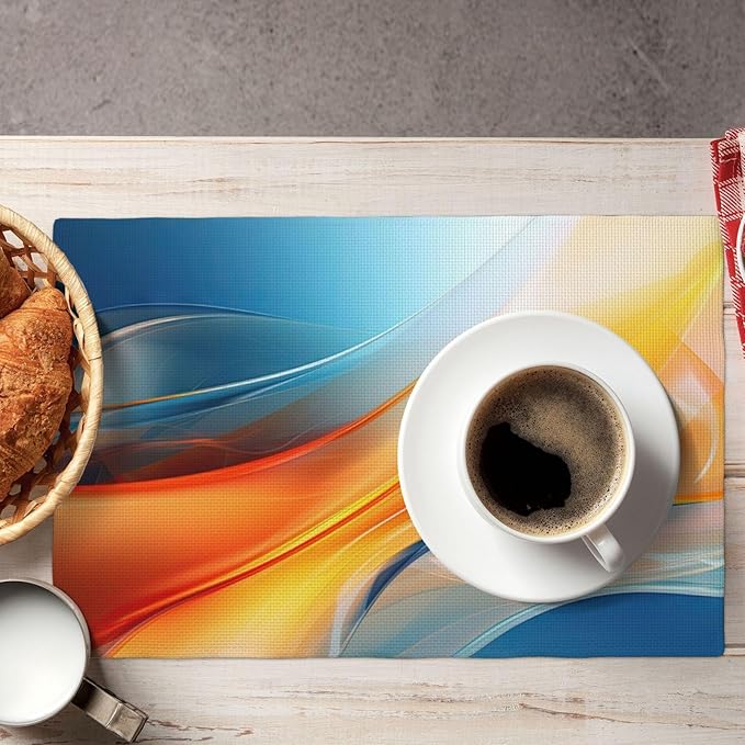 Blue and Orange Abstract Fluid Linen Placemats Set of 4, Non-Slip Heat-Resistant Modern Boho Burnt Orange Yellow and Blue Kitchen Table Mats for Dining Table, Kitchen, Coffee Shop, Modern Home Decor