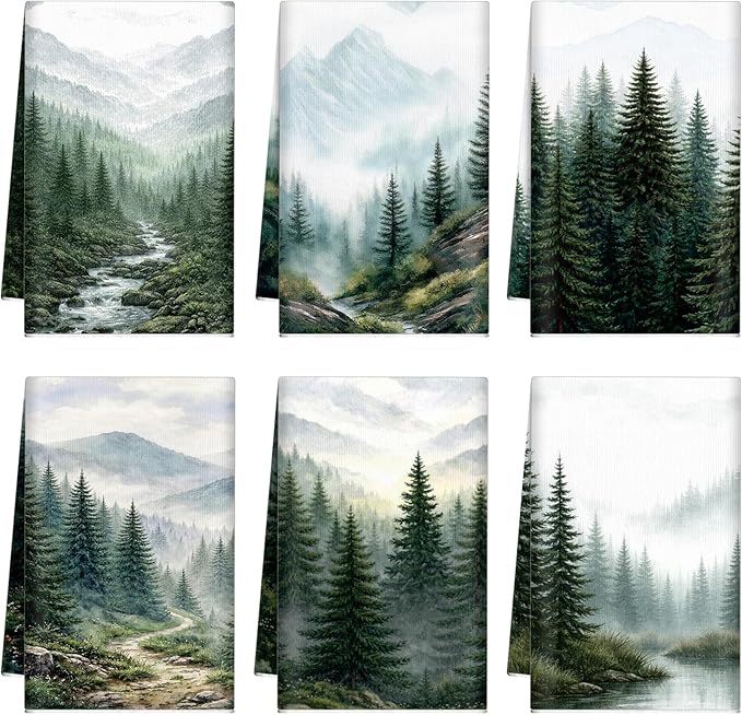 Breling Set of 6 Green Misty Forest Kitchen Towels Forest Dish Towel Bathroom Decorative Green Cloths for Kitchen Bathroom Home Cooking Housewarming Gifts, 14 x 21 Inch