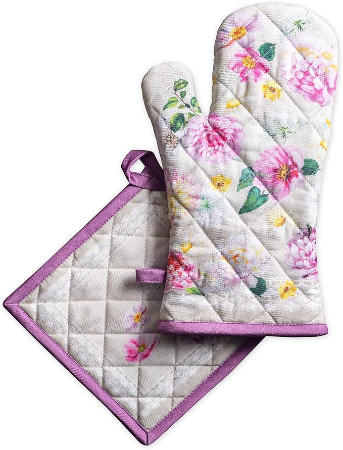 Maison d' Hermine 100% Cotton Oven Mitt & Pot Holder Set (7.5"x13" & 8"x8") Heat Resistant BBQ Cooking Gloves with Loop Baking Grilling Kitchen Gifts for Mothers Day Spring/Summer (Pivoine)
