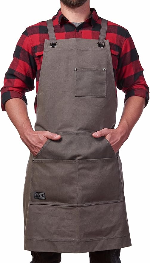 Hudson Durable Goods Heavy Duty Waxed Canvas Work Apron with Tool Pockets (Black), Cross-Back Straps & Adjustable M to XXL (Grey)
