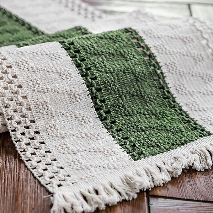 Alynsehom Macrame Table Runner Cream Beige and Green Boho Table Runners with Tassels Hand Woven Cotton Table Runner Rustic Farmhouse Table Runners for Bohemian Kitchen Dining Table(12x36in)
