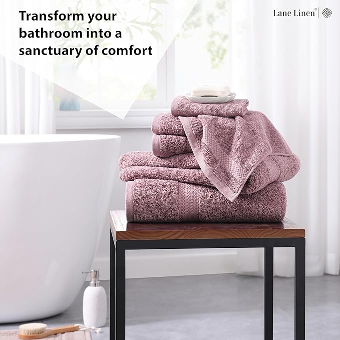 LANE LINEN 100% Cotton Turkish Towels for Bathroom - 6 Piece - Softer & Highly Absorbent - 2 Bath, 2 Wash cloths, 2 Hand Towels - Complete Family Set, Hotel Quality & Gentle on Skin - Wistful Mauve
