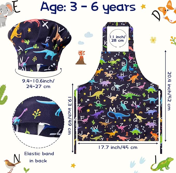 GROBRO7 4Pcs Kids Apron and Chef Hat Set Gift for Girls Boys, Animal Alphabet Word Adjustable Kitchen Beginner Toddler Aprons with 2 Pockets Waterproof Smocks for Baking Cooking Painting Crafting