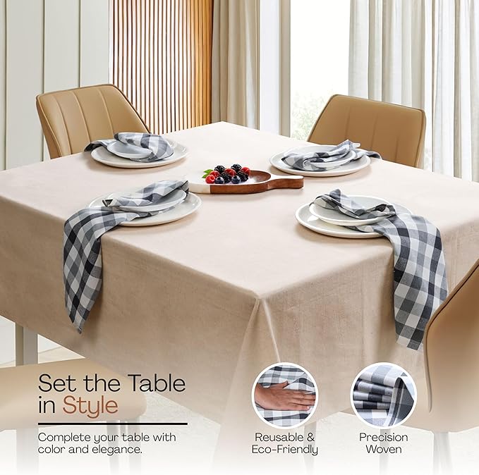 Gingham Check Cloth Napkins Set of 12, Soft, 100% Cotton, Durable, 18"x18", Reusable Dinner Napkins for Every Day & Special Occasions, Washable Table Linens for Dining - Grey Natural