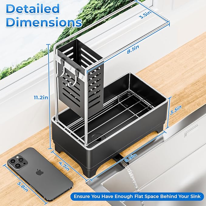 Kitchen Sink Caddy with Stainless Steel Towel Holder, Handy Sponge Holder for Kitchen Sink with Extending Drain Spout, No-Tool Assembly Space Saver for sink Countertop Accessories(Black)