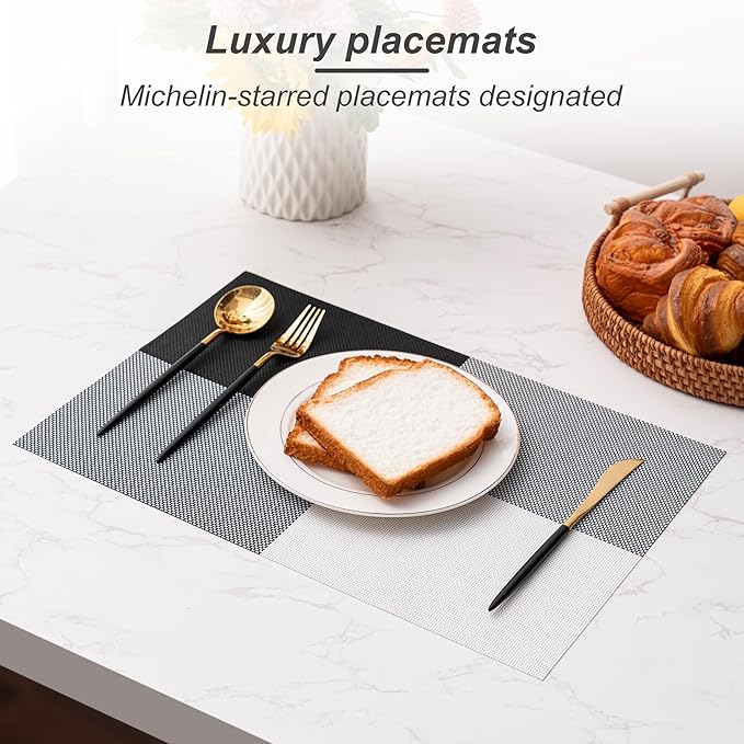 Placemats Set of 6 Washable Indoor/Outdoor Vinyl Place Mats for Dining Table Durable Non-Slip Heat Resistant PVC Weave Table Mats(Black White)