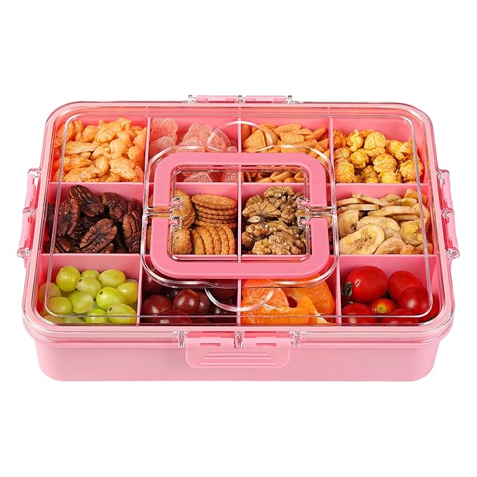Xyptorix Snack Box Container for Kids - Adjustable 12-Compartment Snack Containers, Reusable Bento Box, Dishwasher Safe, BPA-Free, Perfect for School, Travel, Camping & Picnic, Pink, Large