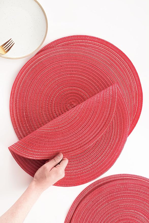 Floroom 15 Inch Round Braided Placemats Set of 4, Washable Heat Resistant Cotton Polyester Circle Place Mats for Kitchen Dining Table - Dark Red