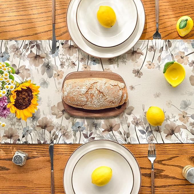 Artoid Mode Brown Poppy Flowers Floral Blossom Summer Table Runner, Spring Fall Kitchen Dining Table Decoration for Home Party Decor 13x120 Inch