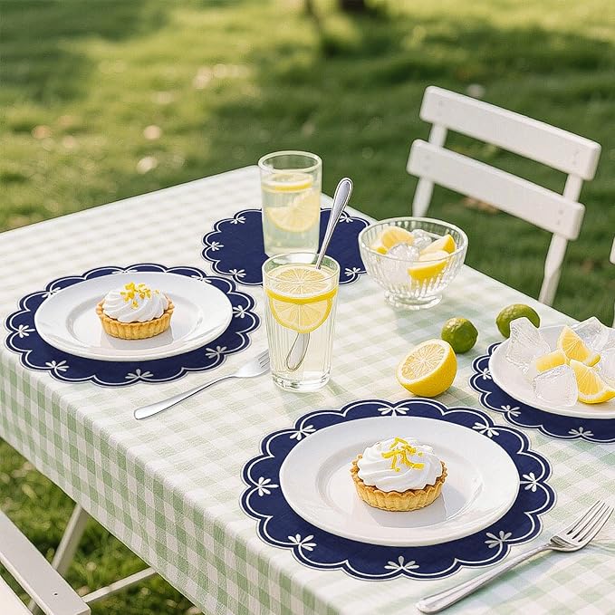 SK Studio Set of 4 Cotton Linen Placemats, 15x15 Round Scalloped Cloth Table Mats, Embroidery Double Layered Washable Dining Placemat for Hotel Restaurant Kitchen, Navy Blue