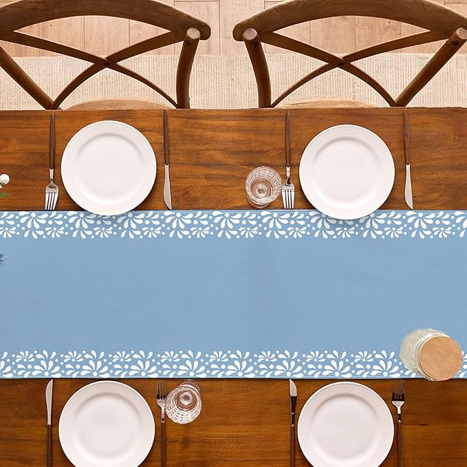 Blue Cielito Lindo Table Runner Mexican Boys Baby Shower Decoration Talavera Fiesta Mexicanos Dia De Los Muertos Dining Room Home Kitchen Table Decor (Blue, 13" x 72")