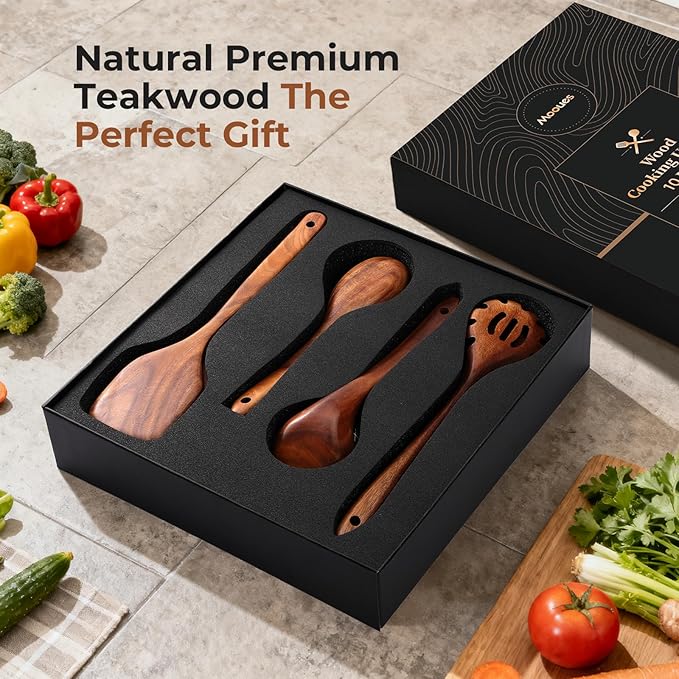 Wooden Spoons for Cooking, 10 PCS Teak Wood Cookware Utensil Set with Hooks - Smooth Finish, Non-Stick, Comfortable Grip, Heat Resistant Kitchen Utensils Gift Box