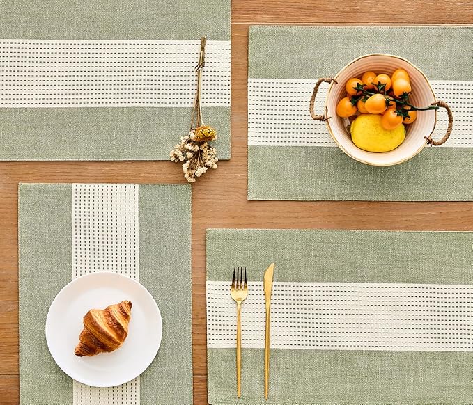 Wracra Linen Placemats, 12 x 18 Inch Set of 4 Placemats, Farmhouse Macrame Place Mats for Kitchen Table and Heat Resistant-Hemstitch Sage Green 4PCS