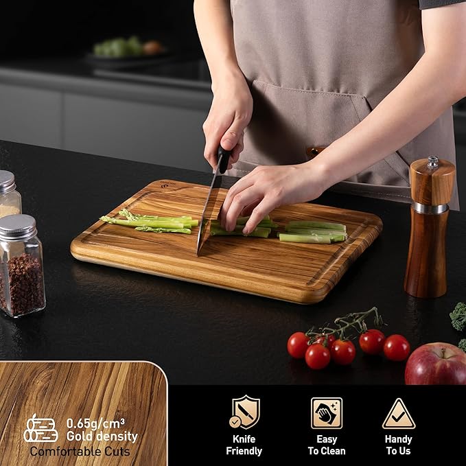 Teak Wood Cutting Board for Kitchen 13inch Charcuterie Board Serving Heavy Duty Non Toxic Slip Over Sink Solid Thick Haus Wooden Chopping Board Large Big Small Meat Best Kitchen Essential Gift