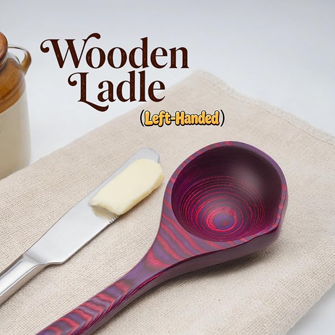 Left Handed Pakkawood Deep Soup Ladles with Spout | 10 inch Pakkawood Ladle | Big Soup Wood Ladle for Cooking | Wooden Spoons for Cooking | Wood Kitchen Utensil | Byzantium
