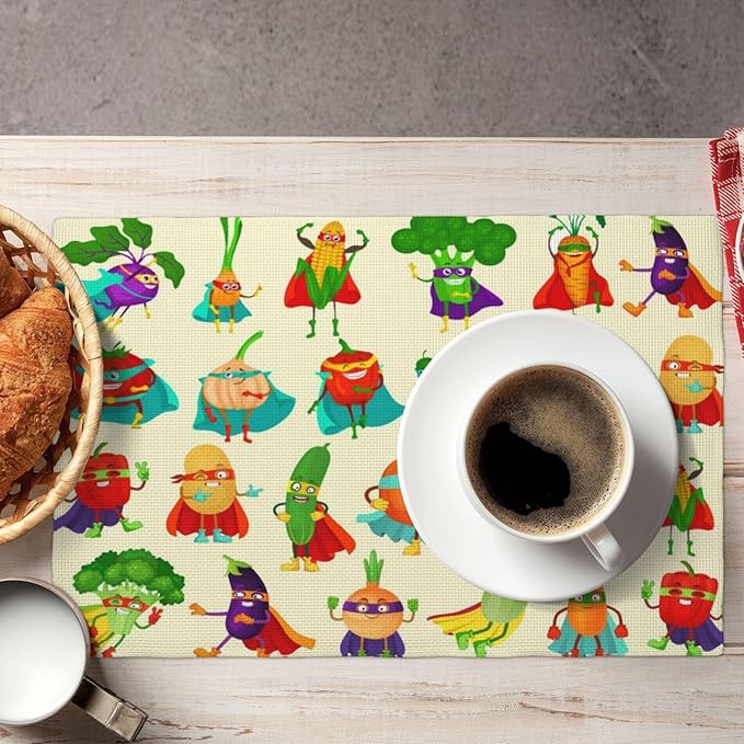 Vibrant Superhero Vegetable Linen Placemats Set of 4, Heat Resistant Non Slip Cute Place Mats for Dining Table, Kitchen, Kids’ Party, Family Gathering, Whimsical Home Decor, Gift for Children Parents