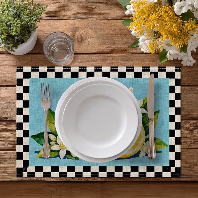 HOMETITUTE Placemats Set of 4 12x18 inch Lemon Pattern Spring Table Mats for Dining Table Linen Placemats Farmhouse Decorations Kitchen Decor Desk Mat for Outdoor Home Party Kitchen Seasonal Dining