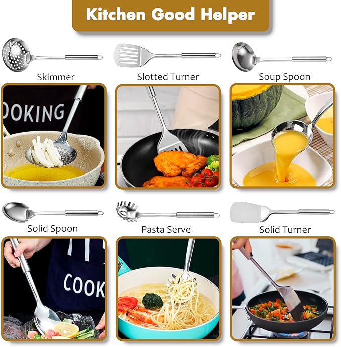 Stainless Steel Kitchen Utensils Set, 6 PCS Metal Cooking Utensils Set, Heat Resistant Cooking Spatula Spoon Set with Turners, Serving Spoon, Ladle, Skimmer, Pasta Server