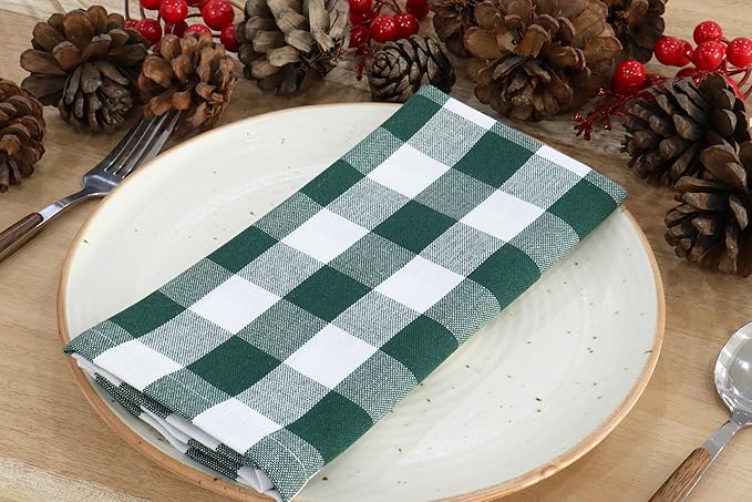 PurpleEssences Buffalo Plaid Cloth Napkins - Mitered Corners - Spring Easter Summer - Gingham Check Dinner Napkin - Set of 12-100% Cotton - 18x18 Inch - Reusable Washable - Forest Green and White