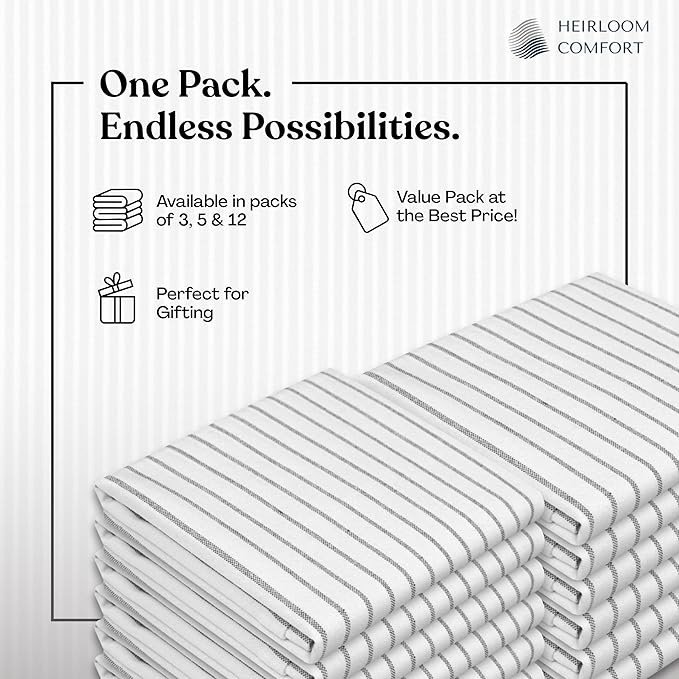 Ash Grey Striped Dish Towels 12 Pack, Ultra Absorbent, Classic Stripe Towel Set, Quick Dry Cotton Kitchen Towels for Cleaning Counters, Drying Dishes, Everyday Cleanup