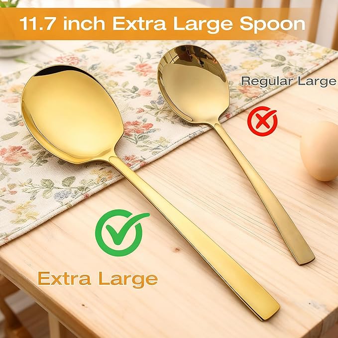 Extra Large Serving Spoons Set 11.7-Inch Gold Serving Utensils 18/8 Stainless Steel Big Metal Spoons for Buffet, Parties, Catering, Banquet - Dishwasher Safe (4-Pack, Gold)